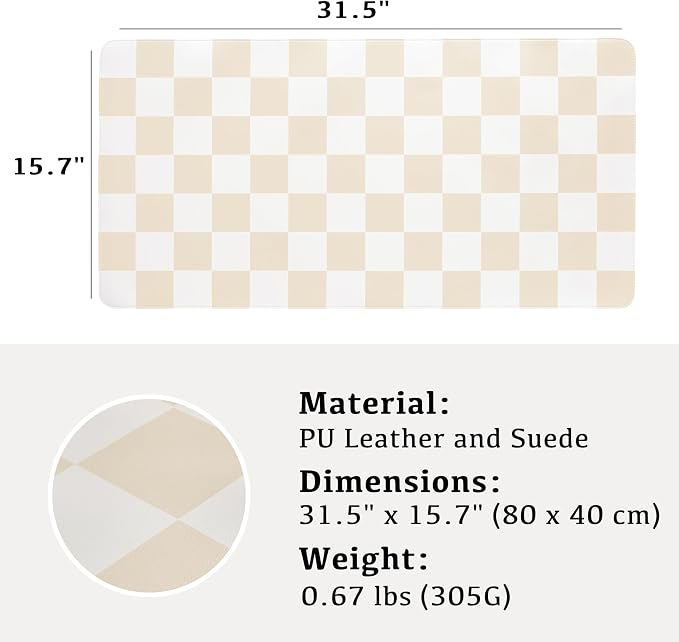 Ohocut Checkered Desk Mat, 31.5" x 15.7" Large Cute Beige Sand Aesthetic Retro Accessories, PU Leather Computer Laptop Desk Mat Mouse Keyboard Pad, Desk Writing Makeup Mat for Vanity/Work/Home Decor