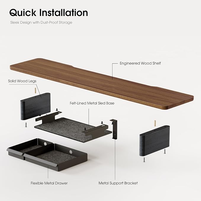 Fenge 42.5" Monitor Stand with Storage Drawers, Minimalist Monitor Riser with Solid Ash Legs and Cable Management, Wooden Desk Shelf for Home Office Workspaces, Brown