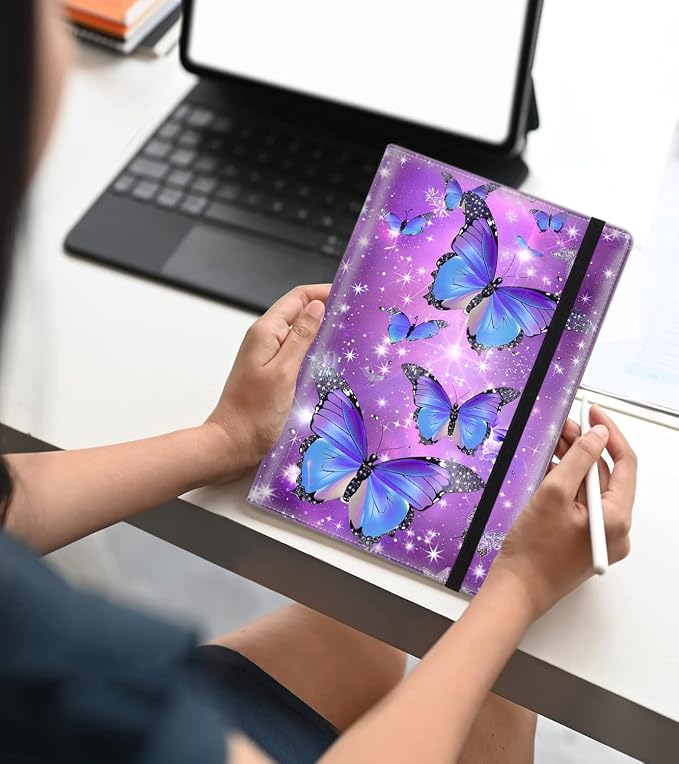 A5 Leather Lined Journal Notebook, 200 Pages Hardcover Executive Notebook for Men Women Office School Note Taking, Thick Writing Paper Daily Journal with Bookmarks/Indexes, Blue Butterfly Purple