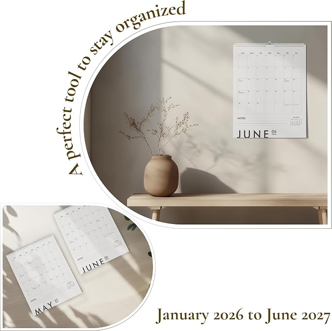 Modern Vertical Wall Calendar 2026-2027 - 18 Month Calendar January 2026 to June 2027, 11x13.5 Inches Sleek Black & White Design with Spiral Twin-Wire Binding