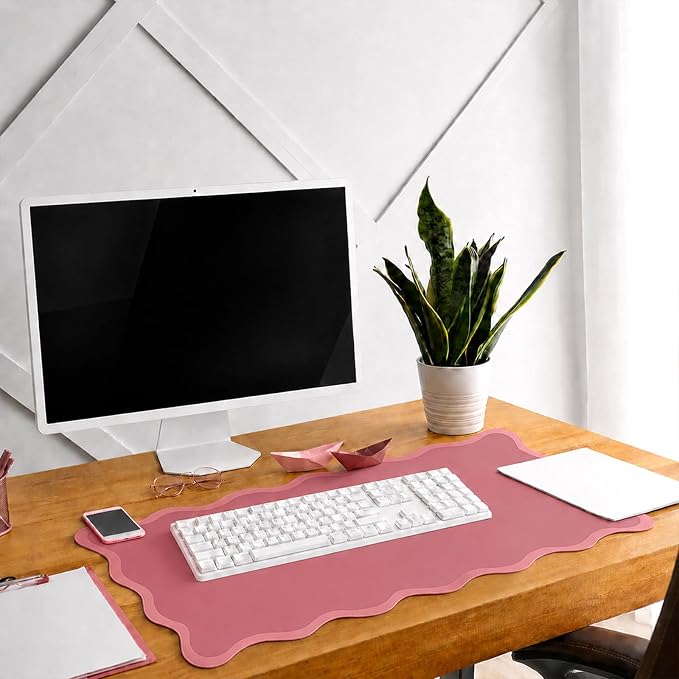 Hahafelt Scalloped Desk Mat Large Desk Pad Cute Coquette Table Mat Back to School Preppy Table Make up Pad Nonslip Graduation Gift with Stitching Waterproof Gaming(Dark Pink,31.5 x 15.8 Inches)