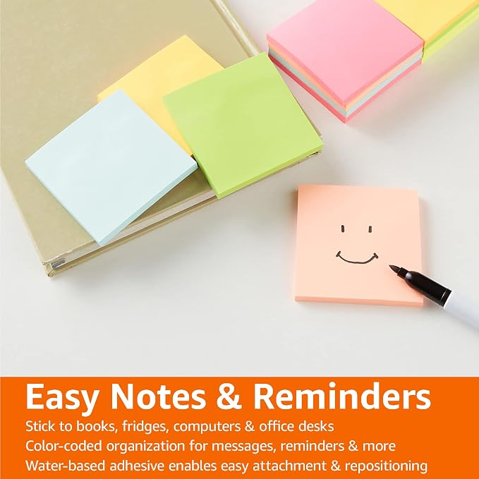 Amazon Basics Square Sticky Notes for Home, Office, School Supplies, Clean Removal, 3x3 Inches, Assorted Bright Colors, Self-Stick Pads, 70 Sheets/Pad, 12-Pack