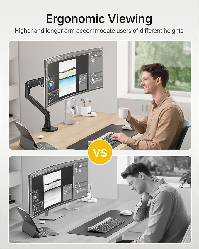 monTEK Heavy Duty Monitor Arm, 17-57" Ultrawide, Gas Spring, 59.4 lbs,Black | Desk Monitor Mount Holds 49" 57" Ultrawide Curved Screen Up to 59.4 lbs with No Sag,Clamp & Grommet Arm,75/100 VESA