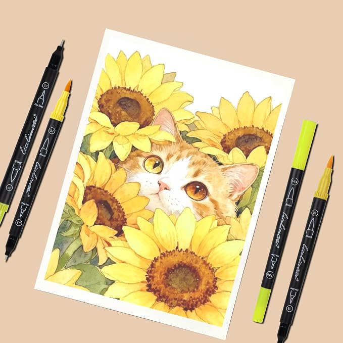 LIULIUCAI 10 Yellow Dual Markers, Fine & Brush Tip Pen for Adult Coloring | Yellow Markers, Drawing Pen for Sunflower, Fall Art, Highlights, Hand Lettering & Warm Accents, No Bleeding