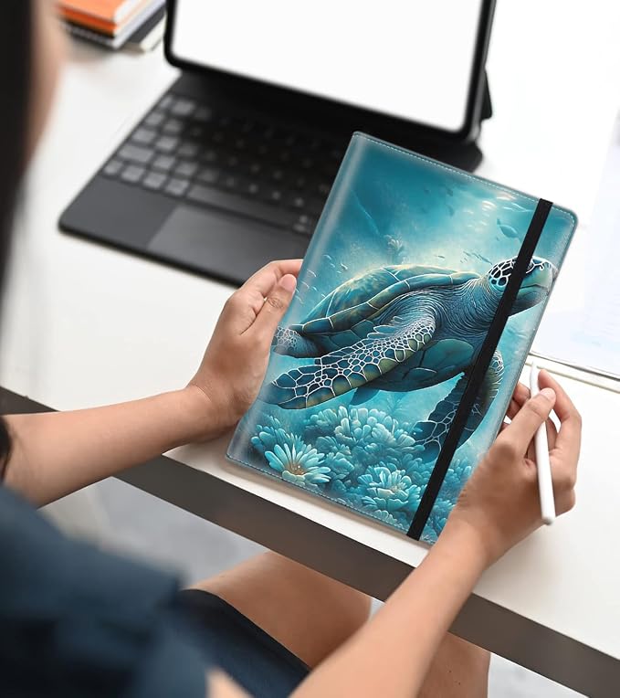 A5 Leather Lined Journal Notebook, 200 Pages Hardcover Executive Notebook for Men Women Office School Note Taking, Thick Writing Paper Daily Journal with Bookmarks/Indexes, Sea Turtle