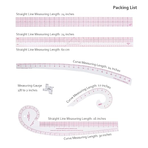 Imperial Sewing Ruler & French Curves for Pattern Making Drafting, Clear Plastic Fashion Designer Ruler Kit in Inches (6-Piece Set)