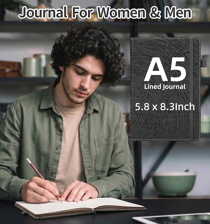 A5 Lined Journal Notebook for Women Men, Tree Ring Leather Journals for Writing, 200 Pages Thick Paper, Daily Journal Notebook for Work, School, Note Taking, Business, Travel, College Ruled