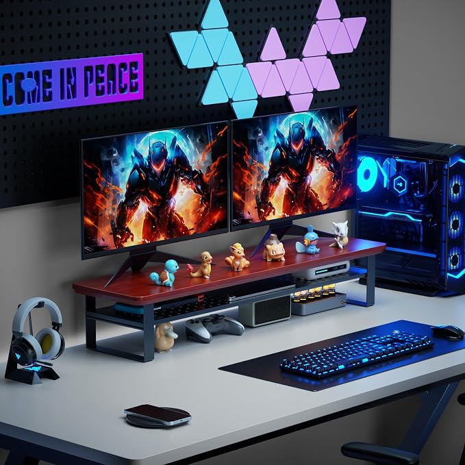 Dual Monitor Stand, 35.4 Inch Monitor Stand Riser for 2 Monitors, 2 Tiers Wood Desk Shelf with Storage, Desktop Organizer Stand for Computer, Laptop, Printer, TV
