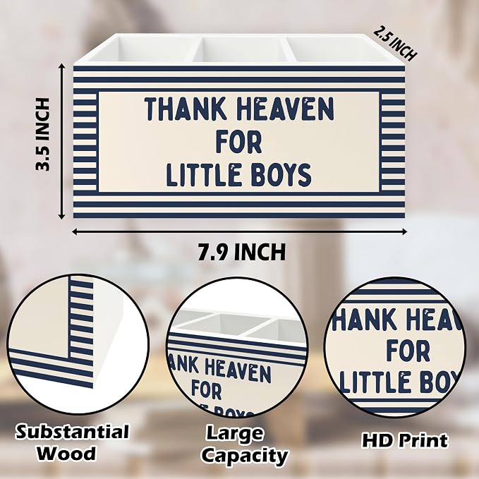 Christian Nursery Kids Pen Pencil Holder Organizer for Desk, Thank Heaven for Little Boys Blue Striped Wooden Box Signs Decorations for Boys Room Bedroom Playroom Desk Tabletop