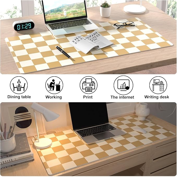 Colorful Star Khaki Plaid Large Mouse Pad, 31.5" x 15.7" | Waterproof Non-Slip Desk Mat for Office Accessories, Mousepad & Large Desk Pad, PU Leather Laptop Mat