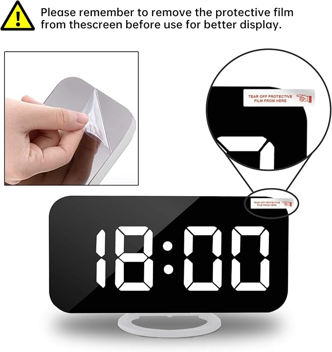 Digital Alarm Clock,7" LED Mirror Electronic Clocks,with 2 USB Charging Ports,Snooze Mode,Auto Adjust Brightness,Modern Desk Wall Clocks for Bedrooms Living Room Office - White