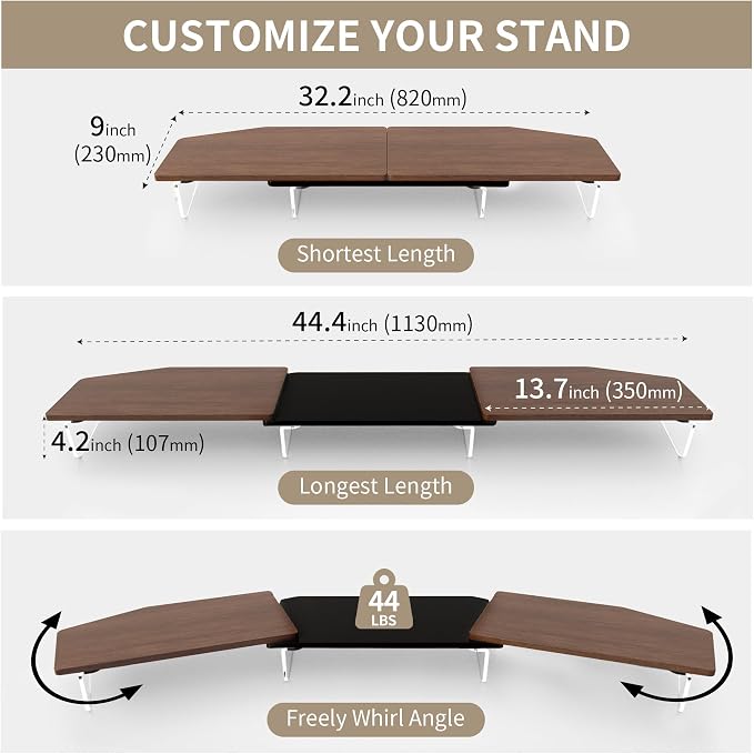 AFOOYO LED Dual Monitor Stand Riser for 2 Monitors,Office Desktop Wooden Stand Adjustable Length and Angle 3 Shelf,Extra Long Multifunctional Stand up to 44.4" for Computer,Laptop,TV,Walnut Finish