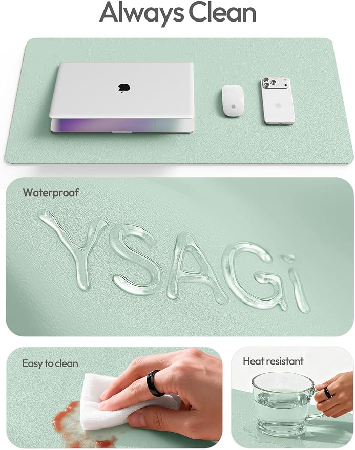 YSAGi Leather Desk Protector, Office Mat, Large Mouse Mat, Non-Slip PU Leather Blotter, Laptop Desk Mat, Waterproof Writing Pad for Office and Home(Pale Green, 63" x 24")