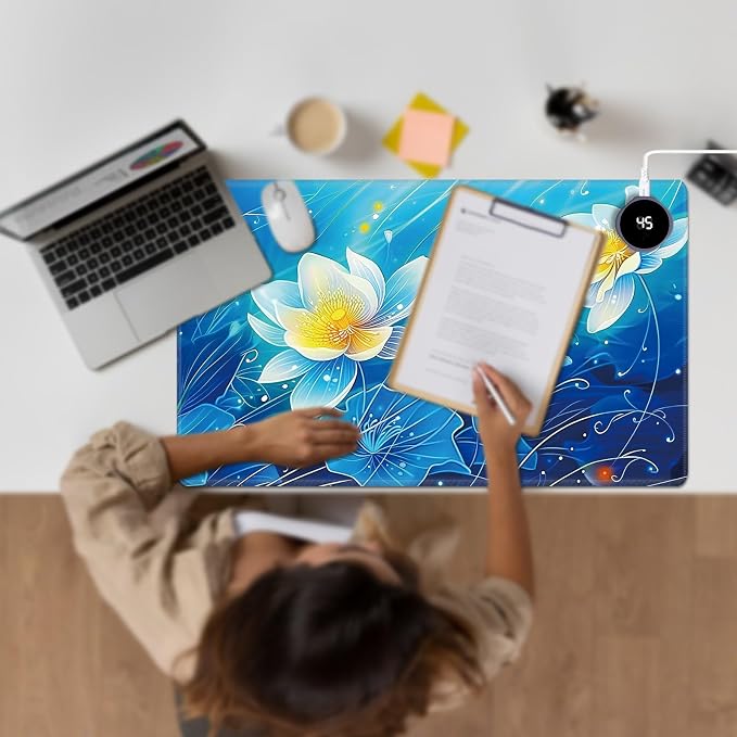 Heated Desk Pad Large Mouse Pad 23.6 x 14.1 inch with 3 Levels Heating & Auto Shut-Off Warm Mouse pad PU Leather Computer Mousepad for Home Office Work - Blue Lotus Flowers