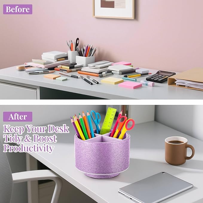 Epakh PU Leather Glitter Pen Holder 360 Degree Spinning Purple Bling Pencil Cup Gift for Teacher Women Girls Makeup Brush Organizer Cup Desk Office Classroom Home Back to School Festival (6 Inch)