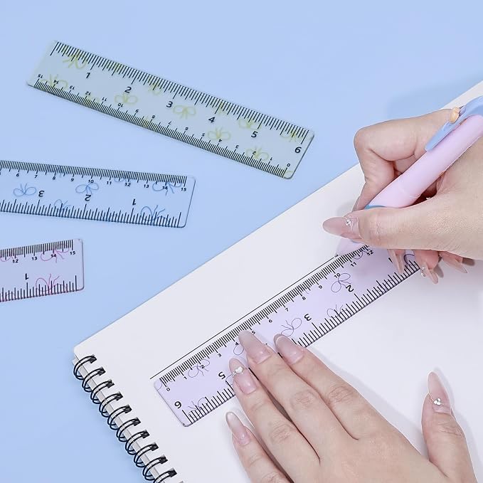 BAYTORY 4Pcs Transparent Acrylic Small Ruler 6 Inch, Straight Mini Rulers | Shatterproof Student Stationery Centimeters with Inches, for Classroom Essentials School Supplies (Bowknot 6 Inch)