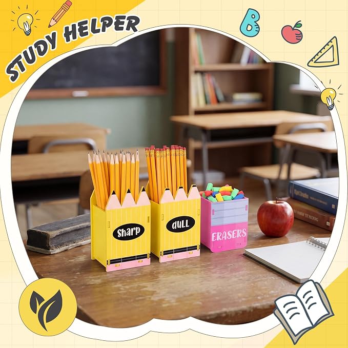 DoubleFill 3 Pcs Sharp and Dull Pencil Holder Eraser Buckets Wooden Shaped Dispenser for Back to School Teachers Classroom Management (Sharpened Pencil)