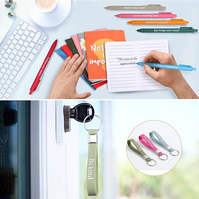 PerKoop 48 Pcs Inspirational Gifts Bulk Employee Motivational Notepads Positive Ballpoint Pens Keychains Set Staff Coworker Appreciation Gifts for Teachers Women Office Party Favor Supplies