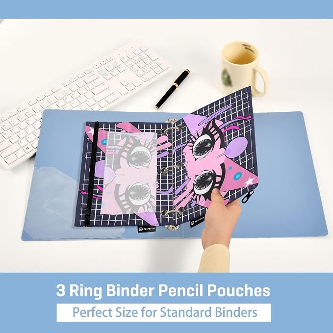 Cartoon Anime Eyes Pencil Pouch Fits standard 3-ring binders, Zipper Binder Pencil Bag with Clear Window for Office 2 Pack