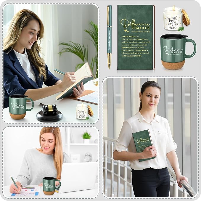 4 Pcs Difference Maker Gift Set Mug Notebook Candle Pen,Dark Green,Word