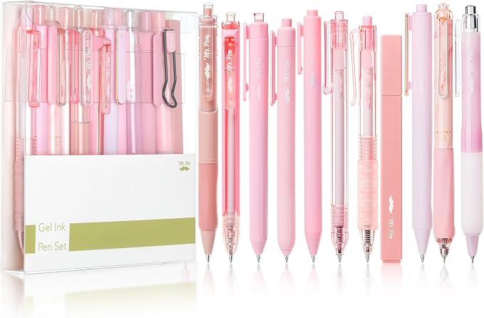 Mr. Pen- Pink Gel Pens Set, 12 Pack | Black Ink Cute Writing Pens with 1 Aesthetic Highlighter, 0.5 mm Fine Point, Smooth Gel Pens for Journaling
