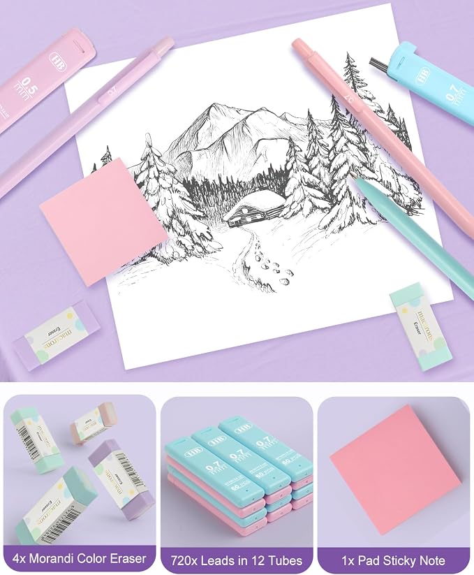 Aesthetic School Supplies with Cute Pencil Case, 12x Pastel Mechanical Pencils 0.5 & 0.7mm with 720x HB Leads, 4x Erasers and 1x Sticky Note, Suitable for Writing, Drafting Drawing Sketching(blue)