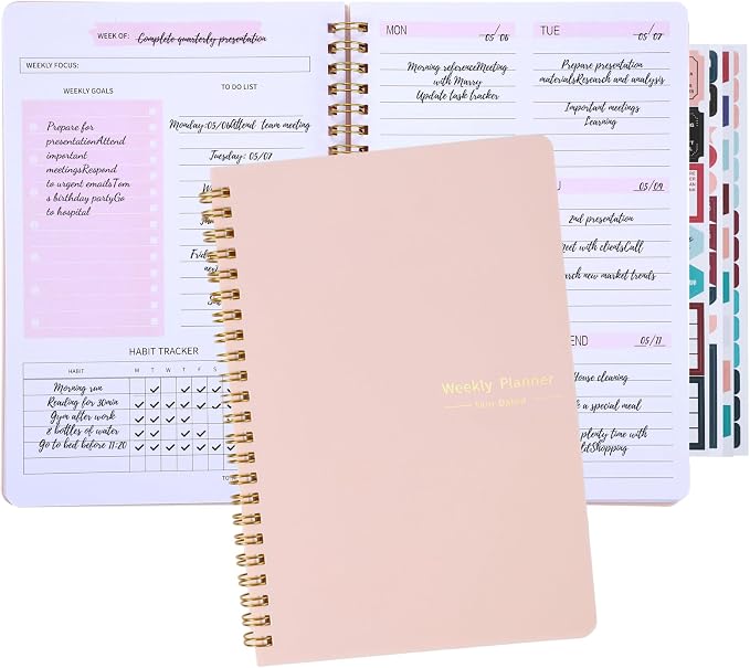 Thboxes A5 Weekly Planner Notebook, 52 Week Undated Journal for Women, Pink | Spiral Binding, Stickers, Planners for Home, Work, Office, College, School Supplies for Girls, Kids, Students, Teachers Gifts