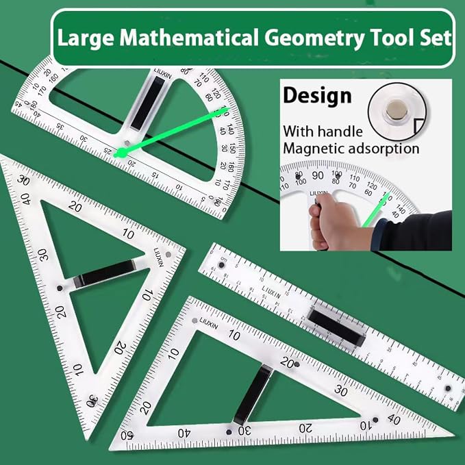 Magnetic Geometry Tool Set Clear Drafting Tools Mathematics Protractor, Triangular Scale Ruler Math Classroom Teaching Measurement Set Oversized Ruler (Transparent 4-piece Set)
