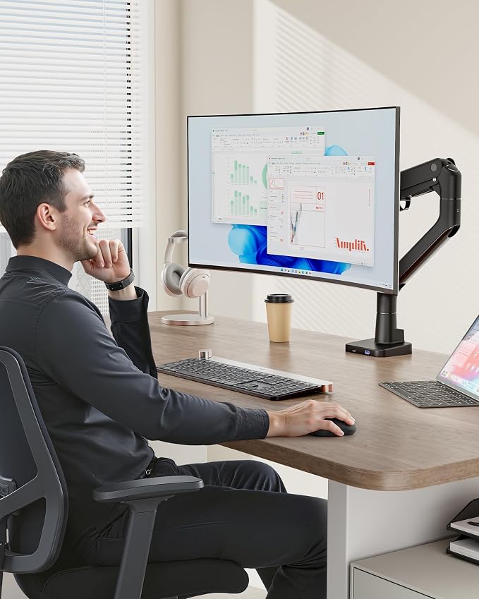 monTEK Heavy Duty Monitor Arm, 17-57" Ultrawide, Gas Spring, with USB,Black | Desk Monitor Mount Holds Max 57" Ultrawide Curved Screen Up to 59.4 lbs with USB 3.0A/C,No Sag,Clamp & Grommet Arm,75/100VESA