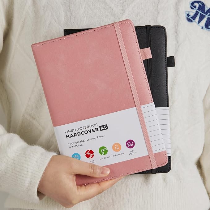 FOCUS DAY Lined Notebook Journals for Women/Men Work, 2 Pack Hardcover Leather Journal Note Book with 100GSM Thick Paper, Notebooks for Office School Supplies, A5 (5.7"x8.4"), Pink & Black