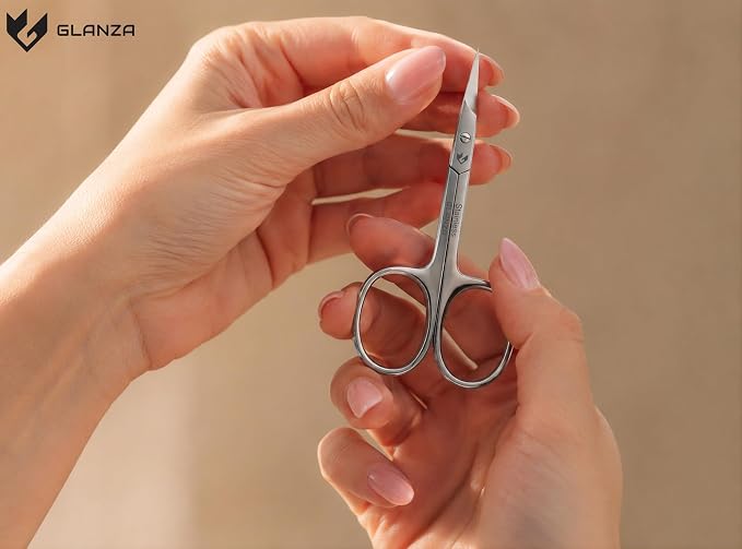 Cuticle Scissors Extra Fine Curved & Pointed Sharp Blades, German Quality Stainless Steel with Leather Case, Nail Care Manicure, Pedicure, Eyebrow, Eyelash & Mustache Scissors (Silver, Fine Sharp)