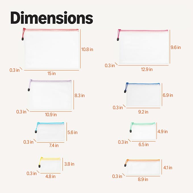 Amazon Basics 30-Pack Mesh Zipper Pouch Bags, 8 Sizes Assorted Colors Storage Organizers, Multipurpose Clear Travel Document Bags for Office Home School Organization