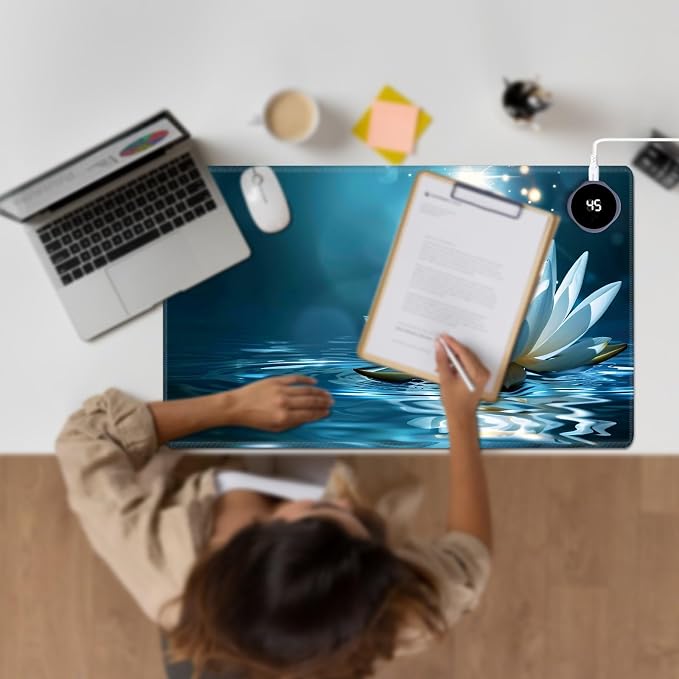 Heated Desk Pad Large Mouse Pad 23.6 x 14.1 inch with 3 Levels Heating & Auto Shut-Off Warm Mouse pad PU Leather Computer Mousepad for Home Office Work - White Lotus Floral Flower