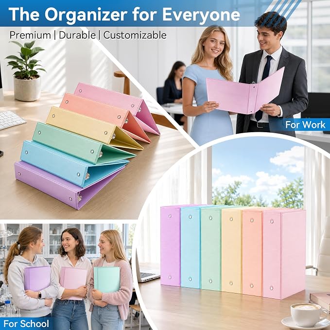SUIN 2-Inch 3-Ring Binders with 2 Interior Pockets, Heavy Duty Clear View Presentation Binder Holds 425 Sheets Letter Size, Office School Home,6 Pack (Brushed Pastel)