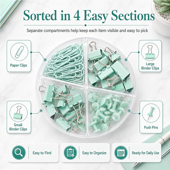 Paper Binder and Clips Set, Metal Assorted Sized Binders with Push Pins, Cute Office Supplies, Teacher Desk Must Haves, Cute Desk Accessories, Green, 1 Pack