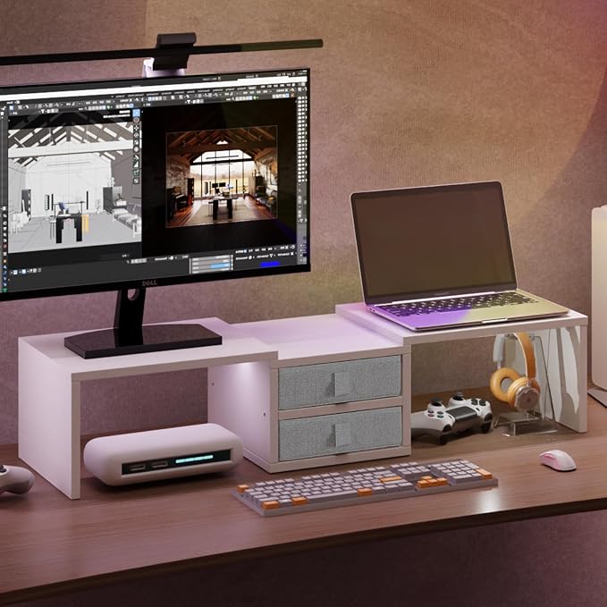 TEAMIX Dual Monitor Stand Riser with 2 Drawers - Length and Angle Adjustable White Monitor Stand with Storage Large Computer Riser for 2 Monitors/Laptop/PC, Wood Screen/TV Stand Desk Organizer