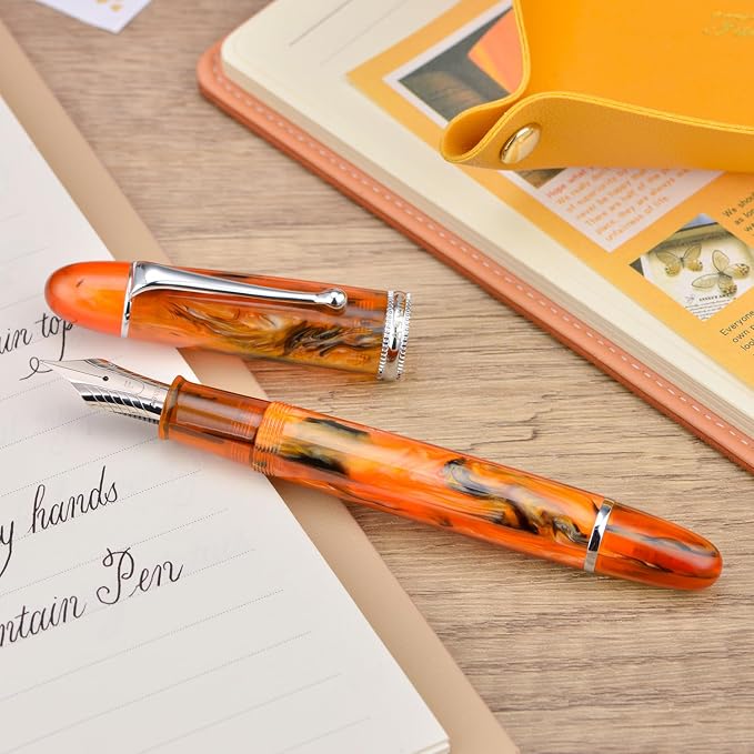 Asvine V800 Fountain Pen -Vacuum Filling System with Large Ink Capacity-Number 8 Stub Nib 1.1mm Calligraphy Art Drawing with Wrench - Amber Acrylic