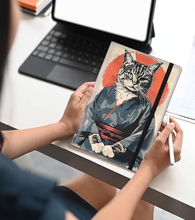 A5 Leather Lined Journal Notebook, 200 Pages Hardcover Executive Notebook for Men Women Office School Note Taking, Thick Writing Paper Daily Journal with Bookmarks/Indexes,Cat Samurai