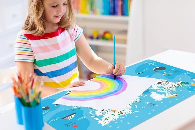 Kids World Map Desk Mat PU Leather Study Pad, 34.5"x15.7" | Non-Slip Waterproof Desk Pad for Boys & Girls, Learning Geography Study Mat, School Desk Protector, Gift for Children
