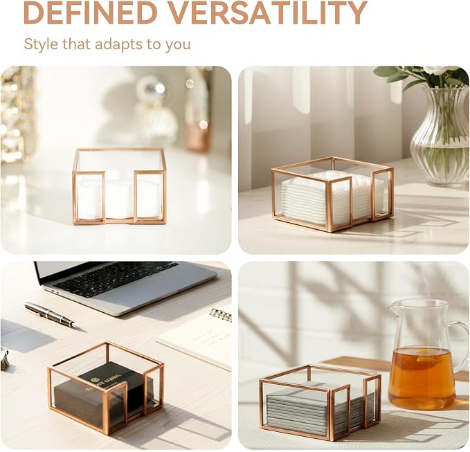 Rose Gold Glass Sticky Note Holder for Desk, Elegant Sticky Note Dispenser Organizer for 3x3 Inch Pads, Cute Clear Notepad Note Holder with Non-Slip Pads, Modern Luxury Office Decor Gift for Women