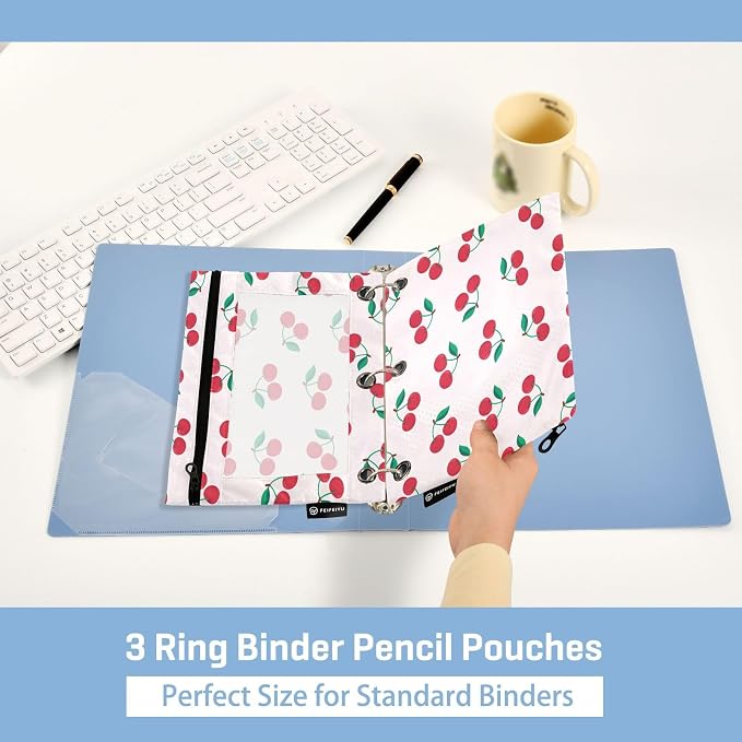Cherry Pencil Pouch Fits standard 3-ring binders, Zipper Binder Pencil Bag with Clear Window for Office 2 Pack
