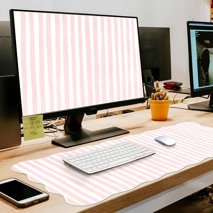 L-SPOUTTO Pink Striped Mouse Pad,Scalloped Desk Mat XXL Large Geometric Gaming Mousepad,35.4x15.7in Non-Slip Rubber Base Keyboard Pad Waterproof Desktop Mat for Laptop Computer Game Home Office