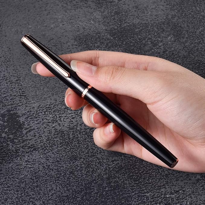 HongDian 920 Black Metal Fountain Pen, Rose Gold Plated Extra Fine Nib Smooth Writing Pen, Classic Pen with Ink Converter