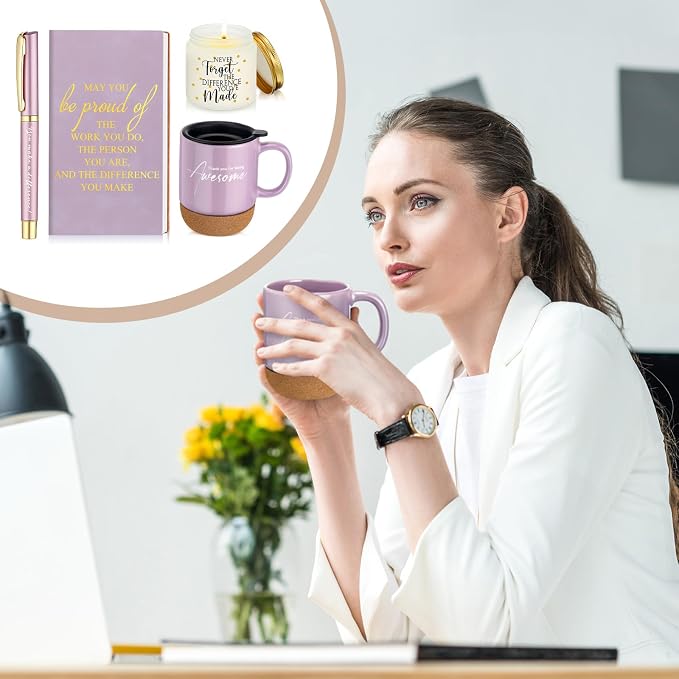 Sayglossy 4 Pcs Thank You Gift Set for Women Men Back to School Teacher Appreciation Gift Leather Notebook Inspirational Coffee Mug Scented Candle Ballpoint Pen for Employee Coworker Nurse Boss, Puple