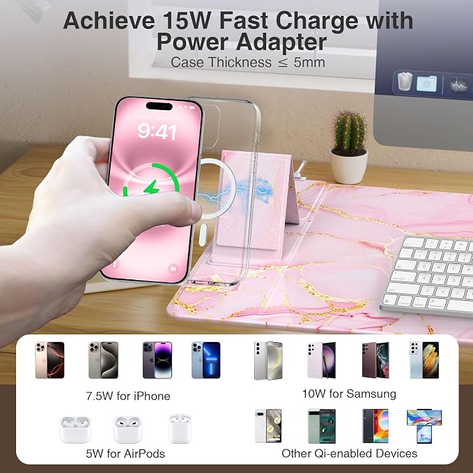 Wireless Charging Mouse Pad with Foldable Phone Holder, Pink Marble | 31.5"x15.8" Large Desk Mat for Laptop/Keyboard, Waterproof Ultra-Smooth Surface, Non-Slip Base