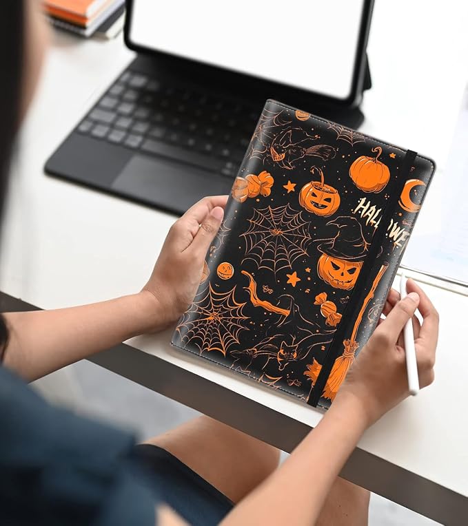 A5 Leather Lined Journal Notebook, 200 Pages Hardcover Executive Notebook for Men Women Office School Note Taking, Thick Writing Paper Daily Journal with Bookmarks/Indexes, Halloween Pumpkin