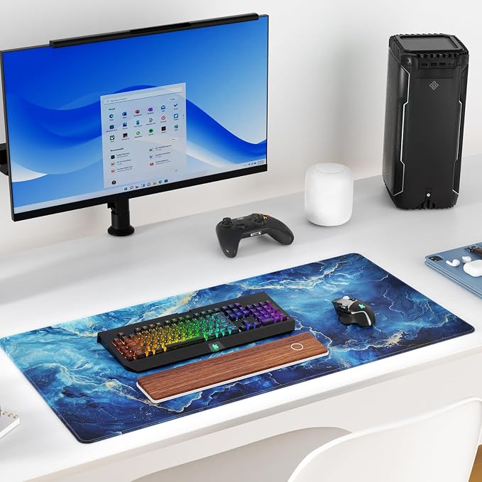 KTRIO Large Gaming Mouse Pad, Desk Mat, 31.5 x 15.7 in, Blue Marble, XXL | Smooth Micro-Weave Surface, Artistic Pattern Design, Non-Slip Rubber Base, Durable Stitched Edges, Office & Home Use