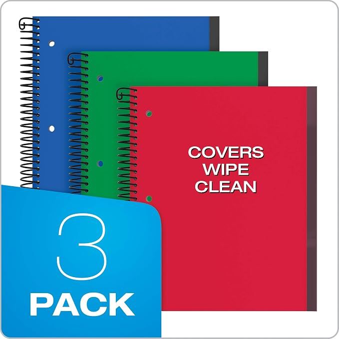 Oxford Spiral Notebook, 1 Subject, Wide Rule Journal, Durable Plastic Covers, 1 Pocket, 8.5 x 11 Inches, 100 Sheets, Red, Green, Blue (89802) (Pack of 24)