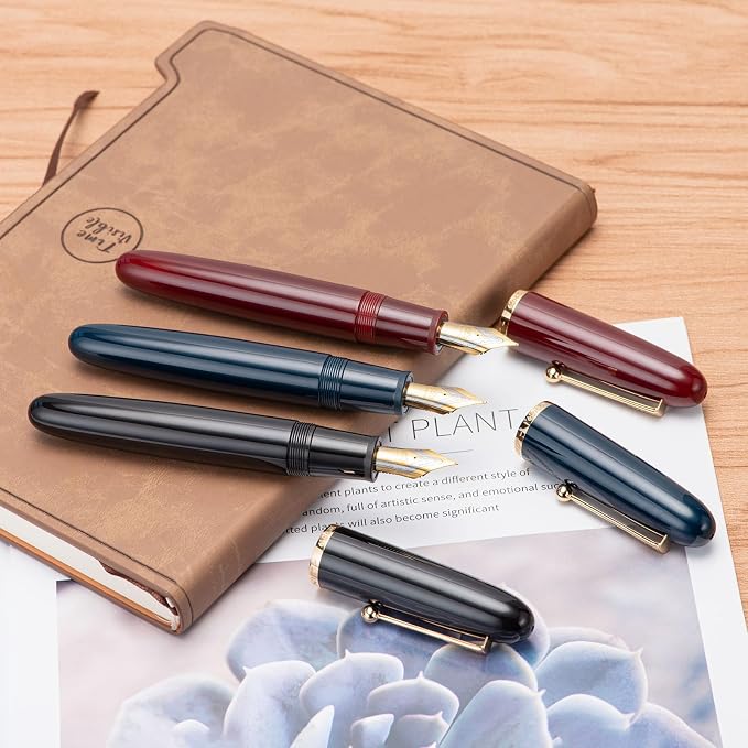 Jinhao 9019 DaDao Series Fountain Pen, Size 8 Extra Fine Nib with Large Ink Converter, Wine Red Acrylic Design Smooth Writing Pen (Gold Trim)