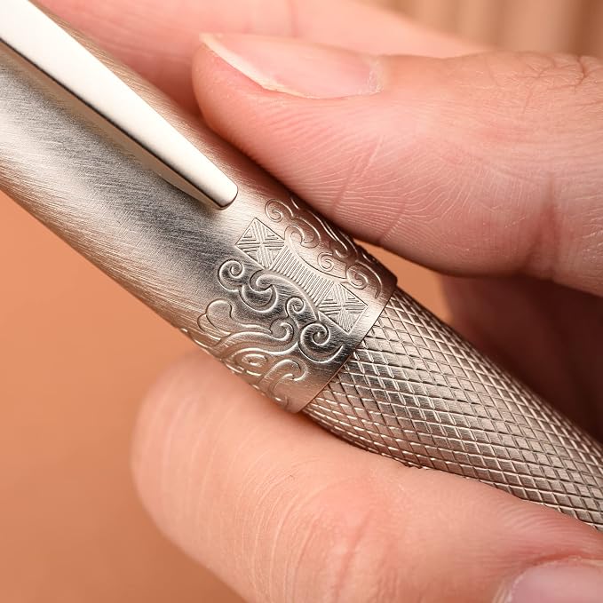 Hongdian 6013 Silver General Fountain Pen, Iridium Gold-silver Medium Nib Solid Metal Writing Pen with Metal Case